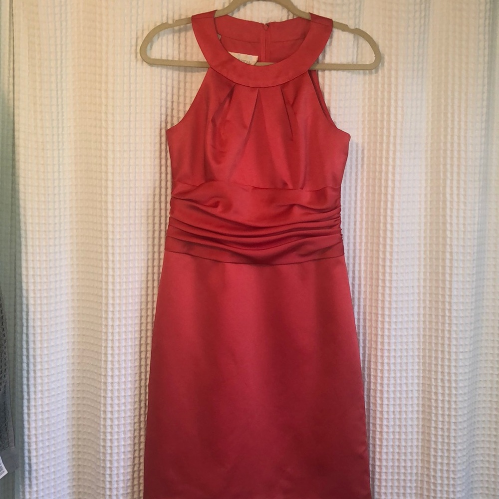 Coral David’s Bridal bridesmaid dress f13277